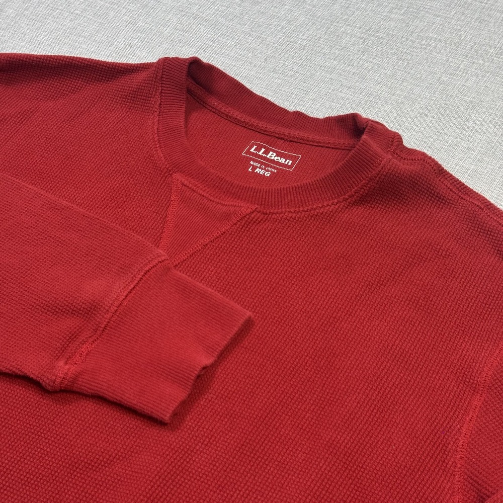 L.L.Bean Waffle Thermal Pullover Mens L Red Medium Weight Crew Neck 100% Cotton